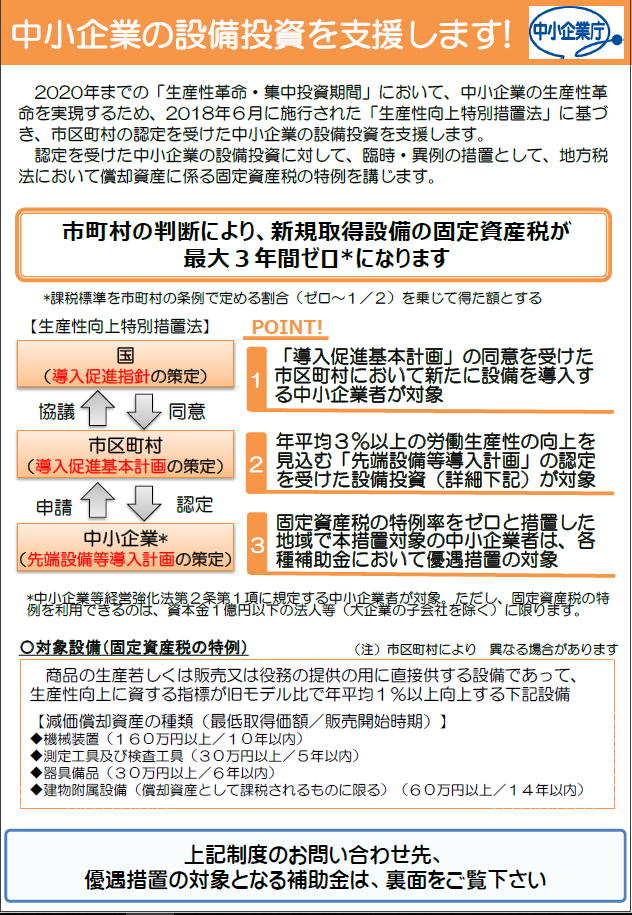 中小企業の設備投資支援のパンフレット